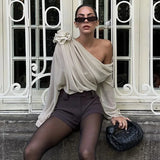 Kylethomasw Splice Flower Shirts For Women  Winter Fashion Folds Off Shoulders Tshirt Femme Street Temperament Mesh Shirt Woman