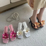 KYLETHOMASW  -  New Fashion Flower Women Thin Heels Pumps Slides Shoes Female Flip flops Square Toe Ladies Heeled Sandals Shoes Big Size 43
