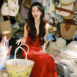 KYLETHOMASW  -  High end Glamorous Socialite Party Evening Red V-neck Sexy Camisole Dress Slim Fit Sleeveless Bodycon Maxi Dresses for Women