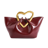 KYLETHOMASW  -  French Retro Oil Wax Pu Handbag Women Heart Shaped Golden Metal Handle Soft Ruched Large Tote Bag Versatile Daily Shoulder Bag