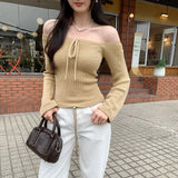 KYLETHOMASW  -  Korean Solid Chic Slash Neck Long Sleeve Bow Slim Thin Elegant Knitted Pullovers