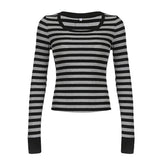 KYLETHOMASW  -  Fashion striped contrasting round neck basic long sleeved spicy girl slim fit versatile slimming casual short top