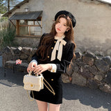 KYLETHOMASW  -  Autumn Winter Miu Style Korean Drama Inspired Dress Set High Fashion Mini Skirt Full Sleeve Princess Sleeve Scarf Collar Women's