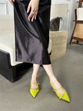 KYLETHOMASW  -  Rivet Metal Belt Buckle Design Low Heel Sandals Women Sexy Pointed Toe Patent Leather Slingbacks Round Heel Women Pumps Mules
