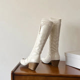 KYLETHOMASW  -  Autumn Winter Fashion Pleated Design Women Knee-High Boots Vintage Faux Suede Lace High heels Western Cowboy Long Booties Shoes