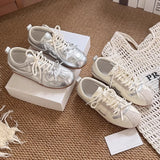 KYLETHOMASW  -  Women Sneakers Spring Summer New Leather Sweet Fashion Casual Flats Women Lace-up German Training Shoes Women Silver 321