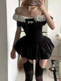 KYLETHOMASW  -  Winter Sweet Elegant Slim Party Dress Women Vintage Warm Bow Off Shoulder Outfits New Black Elegant Kawaii Short Dresses