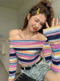 Kylethomasw Long Sleeve Striped Sweater Off Shoulder Jumpers for Women 2023 Kawaii Pullover Y2k Korean Style Sweet Girls Top Fashion