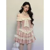 KYLETHOMASW  -  Sexy Off Shoulder Long Sleeve Butterfly Knot Velvet Pink Dress for Women Winter New Retro Waist Slimming Lace Cake Mini Dress