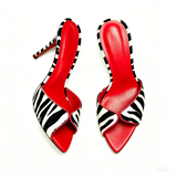 KYLETHOMASW  -  Ladies  Zebra Stripes V Cut Point Toe Backless Mules Thin Stiletto Slides Women Slip On Animal Print Sandals Designer Heels