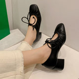 KYLETHOMASW  -  Mature Women Pumps Fashion Lace-Up Thick Heels Shoes Woman Spring Summer Office Lady Working Genuine Leather Pumps 2024