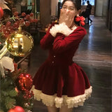 KYLETHOMASW  -  Elegant Velvet Lace Ruffles Patchwork Short Dresses for Women Long Sleeve A-line Korean Fashion Christmas Birthday Party Dress