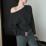 Kylethomasw Vintage Strapless Solid Color Casual Long-sleeved Sweater Women Autumn New Slant Collar Loose Button Pleated Knitted Tops