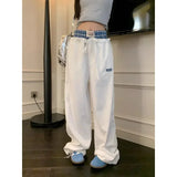 Kylethomasw American Contrast Color Patchwork Loose Wide Leg Pants Women Autumn New High Waist Lace-up Letters Embroidered Casual Pants