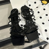 KYLETHOMASW  -  Fashion Cross-tied Women Low Heel Sandals Shoes Shallow Female Square Toe Footwear Sexy Ladies Heeled Shoes Sandals Pumps
