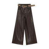 Kylethomasw Streetwear Solid Color All-match Leather Wide Leg Pants Women Winter New High Waist Leopard Belt Loose Casual Pants