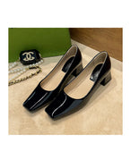 KYLETHOMASW  -  Solid Japanned Leather Pumps Woman Block High Heels Shoes OL Ladies Dress Work Escarpins Femmes Designer Luxury Tacones Mujer