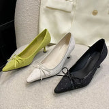 Kylethomasw Fashion Rhinestone Bow Decoration Women Pumps Sexy Pointed Toe Satin Thin High Heels Elegant Banquet Shoes Women Mules Loafers