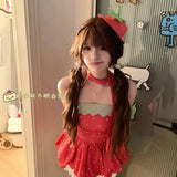 KYLETHOMASW  -  Japanese Lovely Strapless Slim Waist Tanks Bud Off Shoulder Ball Gown Elegant Camis Patchwork Panelled Minority Literary Tees