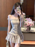 KYLETHOMASW  -  Sweet Floral Mini Dress Women Summer Casual Beach Vacation Sleeveless Dresses Slim Fit Slash Neck Cute Ruffles A Line Dress New