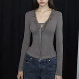 KYLETHOMASW  -  Y2k Clothes Ruffles T Shirt for Women Solid V Neck Fleece Autumn Winter Ropa De Mujer Japanese Style Retro Short Tees