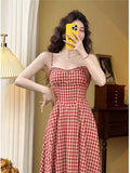 Kylethomasw Elegant Plaid Midi Dress Women French Vintage Spaghetti Strap A-line Spring Summer Holiday Beach Style Prom Robe Vestidos Mujer
