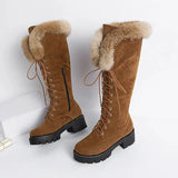KYLETHOMASW  -  Lace-up Winter Shoes Women Snow Boots Real Fur Boots Women Knee High Suede Thick Heel Warm Outdoor with Zip Big Size 43