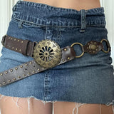 KYLETHOMASW  -  Retro metal disc sunflower hollow out chicken eye belt PU leather niche personality waist belt