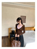 KYLETHOMASW  -  Fake Two Piece Y2k Sexy Halter Long Sleeve Slim Casual Patchwork Knitted Top Female