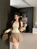 KYLETHOMASW  -  French Apricot Double-layer Lapel Long-sleeved Shirt for Women in Autumn Lace Fitted Waist Shirt