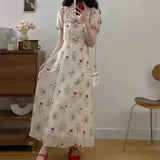 KYLETHOMASW  -  Women's Vintage Floral Print Midi Dress Square Neck Puff Sleeve Lace Patch High Waist A-line Summer Dress
