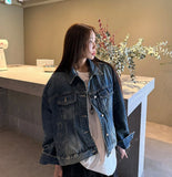 KYLETHOMASW  -  Woman‘s Deep Denim Jacket Solid Color Long Sleeve Coat Retro Loose Coat Casual Style Denim Jacket Daily Fashion Outerwear