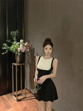 KYLETHOMASW  -  Elegant Black and White Spliced Knitted Dress Women's Summer Sleeveless O-neck Slim Fit A-line Short Dress