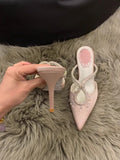 KYLETHOMASW  -  French Satin Rhinestone Stiletto High Heels Women's Pointed Head Crystal Pendant Bag Head Cool Slippers Women