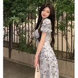 KYLETHOMASW  -  Women Summer Fashion Floral Print Square Collar Lace-up Elegant Party Dresses Sweet Chic Short Sleeve Slim Fairy Midi Dress Robe