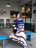 KYLETHOMASW  -  Korean Knitted Sweater Suits Women Long Sleeve Thin Bodycon Striped Pullover + Midi Skirts Casual Vintage 2 Piece Sets Outfits