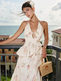KYLETHOMASW  -  Flower Print Ruffles 2-Piece Set Women Halter Bandage v-Neck Backless Bows Backless Vest+Sweet Long Skirt Vacation Suits