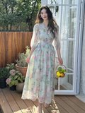 KYLETHOMASW  -  Women Clothes Chiffon Floral Print Outfits Elegant V-Neck Cropped Tops Shirt Blouse And A-Line Long Skirt Mujer 2 Pieces Set New