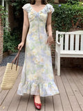 KYLETHOMASW  -  Chiffon Floral Ruffles Dress Women Elegant Flying Sleeve Dress Sweet Slim A Line V Neck Summer Lace Up Lady Vintage Vestidos