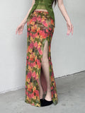 KYLETHOMASW  -  High Waisted Floral Print Skirt for Women's Summer Spicy Girl Irregular Mesh Split Long Skirt Fashion Female Clothes