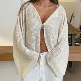 KYLETHOMASW  -  Women Loose Fit Cardigans Smocked Tops Y2k Front Hook Button V Neck Knitted Sweater Autumn Long Sleeve Knitwear Streetwear