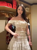 KYLETHOMASW  -  Women's White Off Shoulder Mini Dress Sweet Ruffle Tiered Crochet Waist Lace-up Gowns Summer Beach Dresses New Date Vestidos