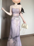 KYLETHOMASW  -  Sweet Purple Butterfly Printed Strap Camisole Dress for Women Summer Sexy Slim Fit Hip Wrapped Fishtail Long Dresses