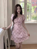 KYLETHOMASW  -  Retro Two-piece Contrasting Plaid Dress Women Summer New Style Temperament Lace Up Bubble Sleeve Short Dresses