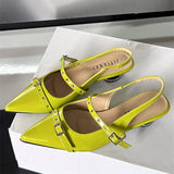 KYLETHOMASW  -  Rivet Metal Belt Buckle Design Low Heel Sandals Women Sexy Pointed Toe Patent Leather Slingbacks Round Heel Women Pumps Mules