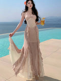 KYLETHOMASW  -  Summer French Style Long Dresses for Women Sexy Spaghetti Strap Ruffles Birthday Party Dress Female Holiday Beach Vestidos Robe