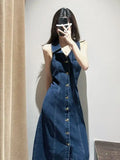 KYLETHOMASW  -  French High-end Retro Single-breasted Denim Dresses Women Summer Halter V-neck Sleeveless Slim Temperament Long Suspenders Dress