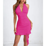 KYLETHOMASW  -  New European American Women's Sexy Halterneck Pleated Hip-hugging Ruffled Dress