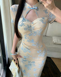 KYLETHOMASW  -  Chinese Style Jacquard Cheongsam Dress Women's Summer Sexy Short-sleeved Slim Fit Hip Wrap Long Dress Female Clothes
