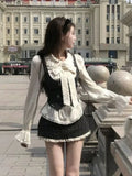 KYLETHOMASW  -  French Elegant Sweet Preppy Style 3 Pieces Set Women Retro Vest + Blouse + Skirts Harajuku Vintage Design Korean Popular Clothes